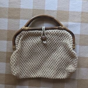Vintage Crochet And Bamboo Small Cream Woven Handbag